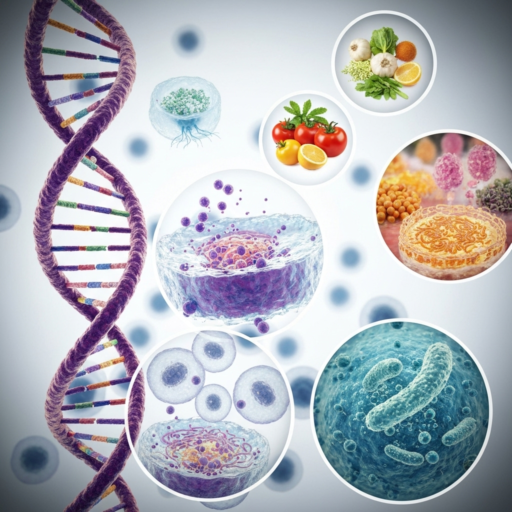 Biological elements of nutrition: DNA helix, cells, microbiome with nutrient overlays
