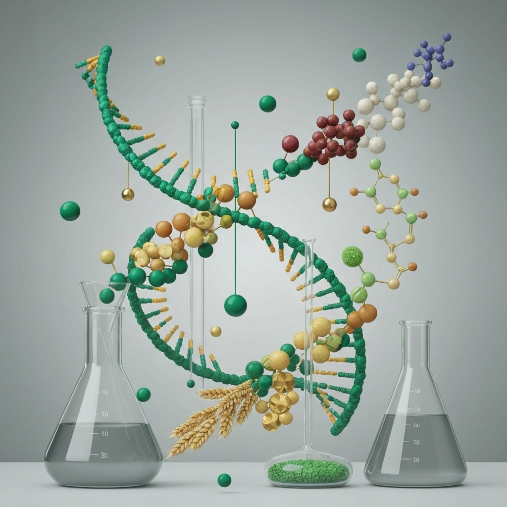 Biological nutrition: microbiome visuals, DNA helix interwoven with nutrient molecules, and millets in scientific glassware