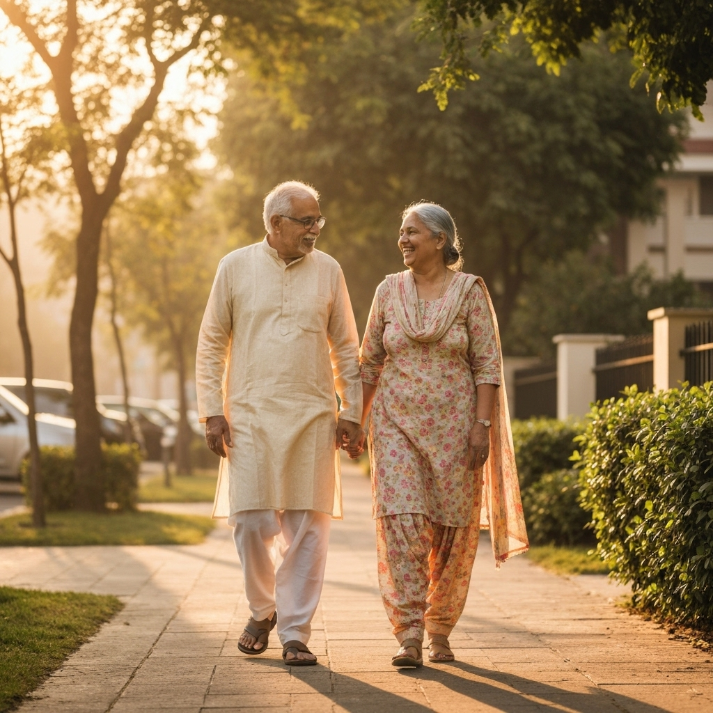 Indian elderly couple on a gentle morning walk in a leafy neighborhood—soft sunrise light, mindful pace, warm smiles, no gym equipment.