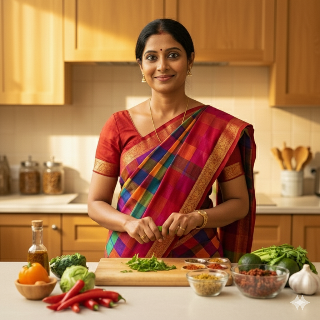 Indian woman nutritionist teaching traditional healthy cooking with spices and vegetables