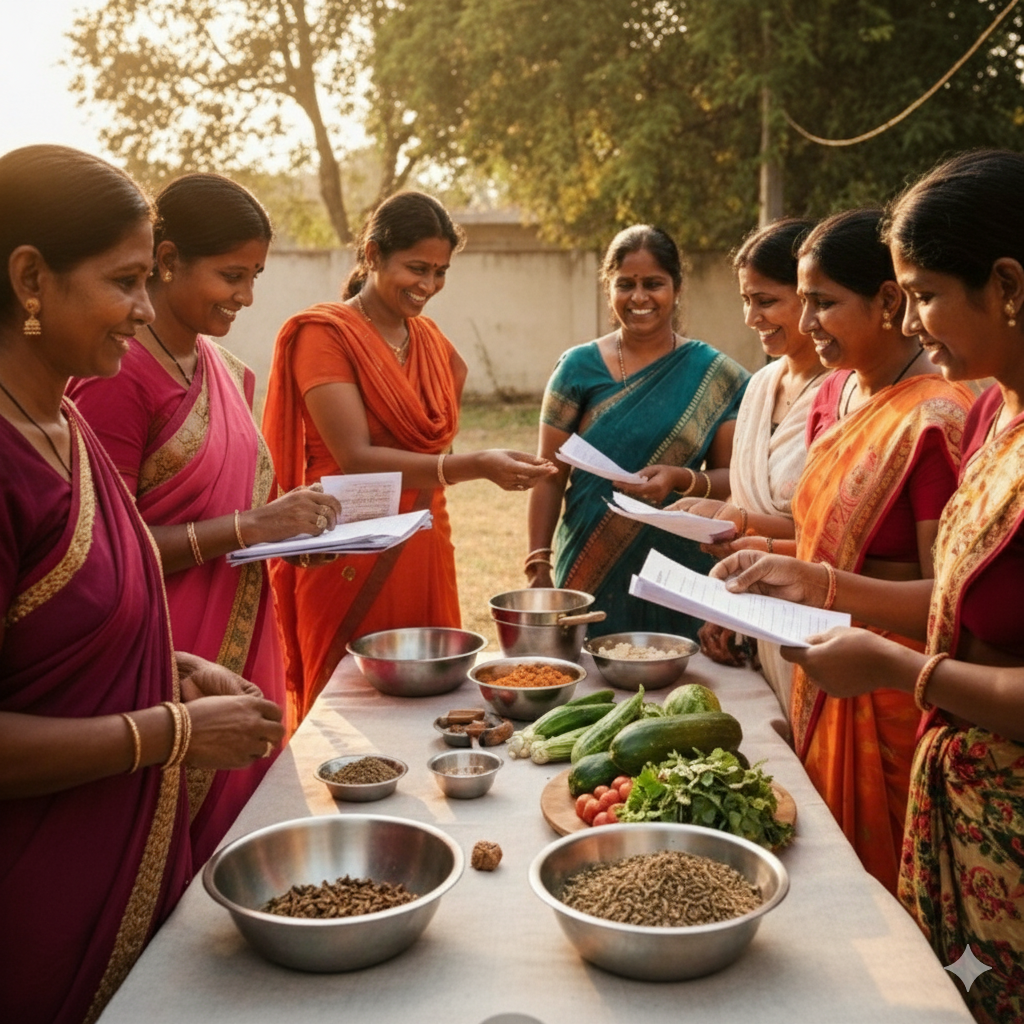 Group of Indian women in colorful saris learning about nutrition and healthy cooking