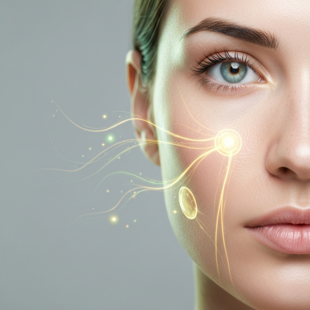 Vitality and anti-aging: glowing skin closeup with symbolic cell renewal and natural energy